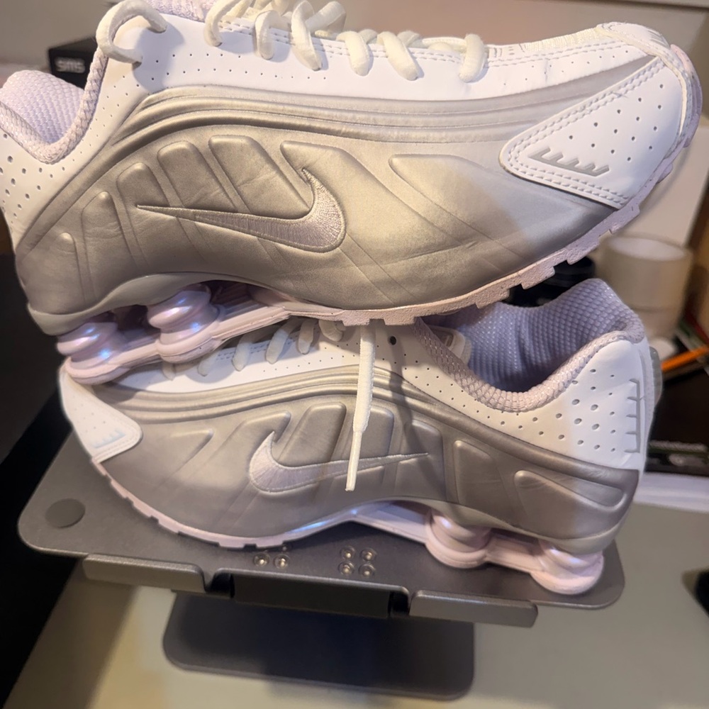 Nike Women’s Silver and White Shox Sneakers with Pink Accents